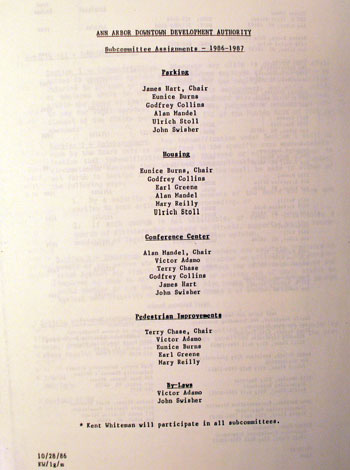 DDA board committee membership in 1986. Document retrieved from the University of Michigan Bentley Library, the collection of papers from former DDA board member, Eunice Burns.