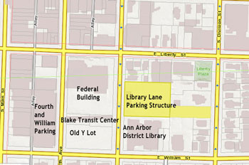 The surface of the Library Lane parking structure is highlighted in yellow.