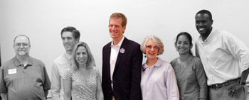 Group photo of candidates in Ward 1, Ward 2 and Ward 3 at the Ann Arbor Democratic Party forum held on Saturday, July 12, 2014. From right: Don Adams and Sumi Kailasapathy; Nancy Kaplan and Kirk Westphal; Julie Grand, Samuel McMullen and Bob Dascola.