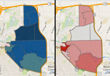 Ward 2 precincts color-shaded according to percentage of the vote received: Westphal (blue) and Kaplan (red).