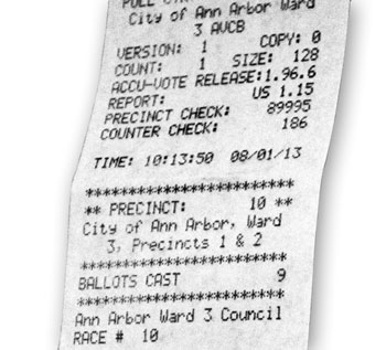 Example of am Ann Arbor voter machine results tape from 2013.