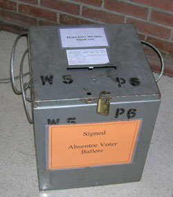 Absentee voter ballot box inside the Larcom Building on  the first floor. Absentee ballots can be turned in up to 8:00 p.m. on Nov. 4.  Absentee ballots obtained today (Nov. 3 must be voted today). 
