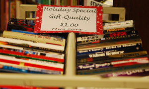 A cart full of gift-quality books at the Friends of the Library. 