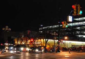 Looking north from the southwest corner of Main and William streets in downtown Ann Arbor at 8:30 p.m. on Saturday. Can you spot the evidence that Earth Hour is taking place? (Hint: Look closely at the street lights.)