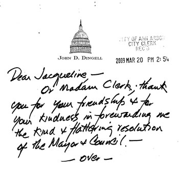 Thank-you note for Congressman John Dingell as stamped and scanned  by the city clerk's office.