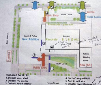 This diagram was handed out at the meeting to illustrate the sites for the artwork in the new municipal center.