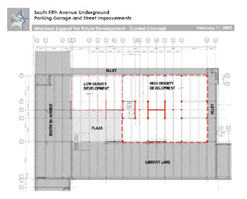 This drawing from the Library Lot RFP shows the type of building that can be supported by the infrastructure of the underground parking structure. (Image links to larger file.)