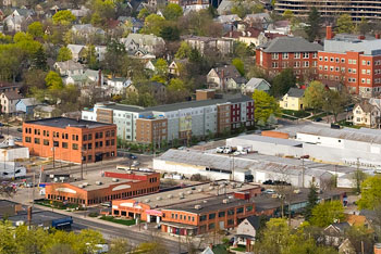 Aerial view of The Moravian – a computer-generated image of the proposed project is located in the center of this picture.