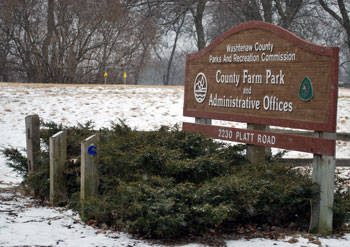 The Platt Road entrance to County Farm Park, where the administrative offices for Washtenaw County Parks & Recreation are also located.