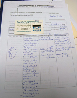 A form used by Fair Housing Center "testers" to record their experiences.