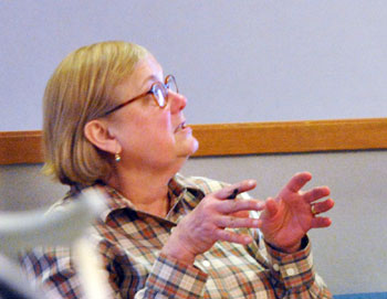 Vivienne Armentrout before the meeting. Out of the frame to the right is Sue Gott, with whom Armentrout was talking.