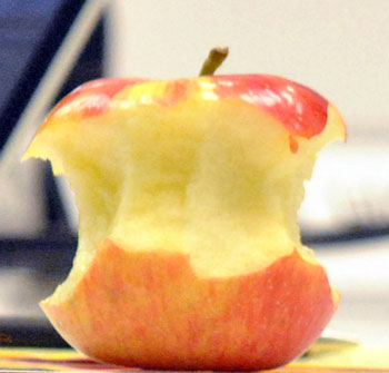 This apple on a city council desk reflects the fact that part of the meeting was devoted to core priorities. 