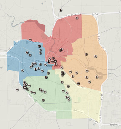 2013 Ward 4 Ann Arbor City Council Campaign Contributions: Democratic Primary – Jack Eaton (Map by the Chronicle based on data from the Washtenaw County clerk.)