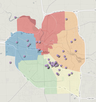 2013 Ward 3 Ann Arbor City Council Campaign Contributions: Democratic Primary – Julie Grand (Map by the Chronicle based on data from the Washtenaw County clerk.)