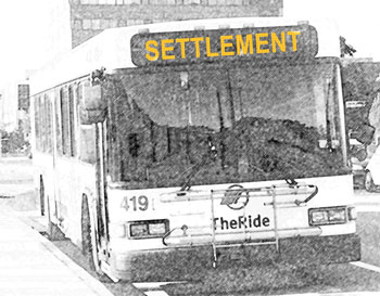 AATA Bus. Advertisements appear on the sides of buses. (Photo illustration by The Chronicle – which consists of the word "settlement" digitally added to an image that included the original text "out of service.")