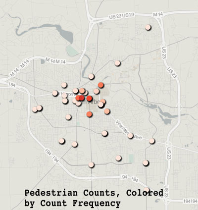 Pedestrian counts, colored by frequency.