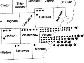 Origin points for each of the over 100 cadavers donated to the UM in 1881. Map compiled by author from Anatomical Donations Program records.