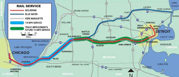Amtrak routes and track Improvements. Just east of Chicago, the blue-highlighted section – owned by Amtrak has already been improved to support up to 110 mph operations. Further west, the green-highlighted section of track was recently acquired by MDOT from Norfolk Southern. It's expected to be have improvements made that will make it also capable of speeds up to 110 mph.
