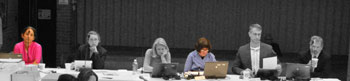 From left: Sumi Kailasapathy and Sabra Briere (Ward 1); Sally Petersen and Jane Lumm (Ward 2); Christopher Taylor and Stephen Kunselman (Ward 3). In color are the only two councilmembers on that side of the table who are not running for mayor. In addition to running for mayor, the four in black and white all served on a council committee last year that developed a proposal to end the Percent for Art program and replace it with a "baked-in" approach to art. (Photo art by The Chronicle.)
