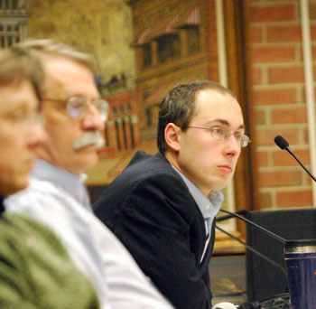 Chuck Warpehoski (Ward 5). In the foreground are Margie Teall (Ward 4) and Jack Eaton (Ward 4).