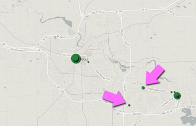 Map 24: High frequency boarding locations (more than 2,500 boardings in a year). Highlighted with pink arrows are Meijer at Carpenter and Ellsworth and Fountain Plaza near Washtenaw Avenue and Golfside.