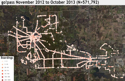 Map 19: go!pass Boardings from November 2012 to October 2013. N=571,792. About 30% of go!pass riders during that period boarded the bus east of US-23. (Data from getDowntown. Mapping by The Chronicle.) A zoomable version of this map is available at http://geocommons.com/maps/326684