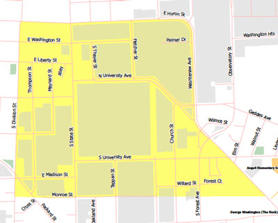 Map of area where peddler and sidewalk occupancy permits have been suspended for the April 5, 2014 Hash Bash.