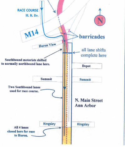 Map of downtown street closings for Dexter-Ann Arbor Run.