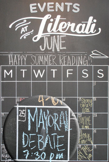 Events chalkboard at Literati Bookstore at the corner of Washington and Fourth streets in downtown Ann Arbor.