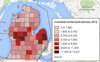 Combined antlered/antlerless deer taken in 2012. (Data from Michigan Department of Natural resources. Map by The Chronicle. Image links to dynamic map.)